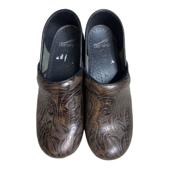 Dansko Professional Brown Tooled Floral Stamp Leather Clogs EU Size 39 US 8.5 - Picture 1 of 11